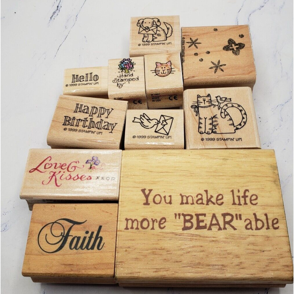 Lot of 10 Animals and Phrases Wood Mounted Rubber Stamps